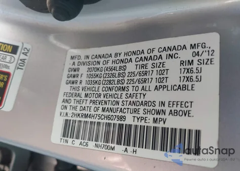 2012 Honda Cr-V Ex-L z USA, uszkodzony, nr VIN 2HKRM4H75CH607989